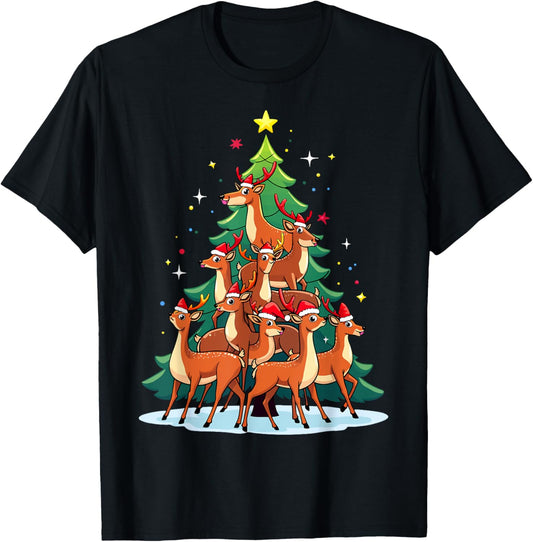 Deer Christmas Tree Funny Bambi Holiday Cute Deer T-Shirt - T-Shirt | Black