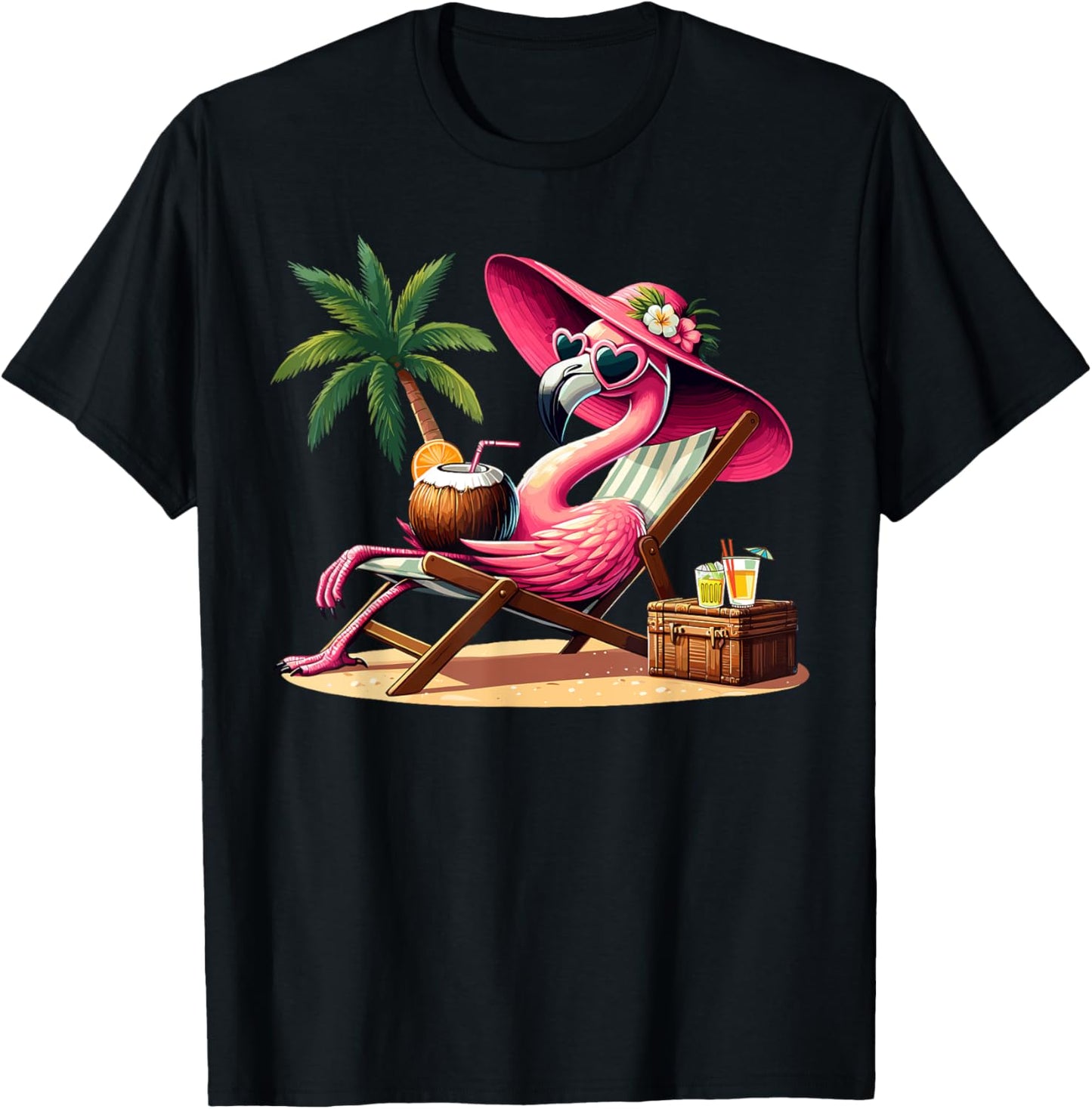 Pink Flamingo Summer Vibes Beach Palm Tree Summer Vacation T-Shirt - T-Shirt | Black