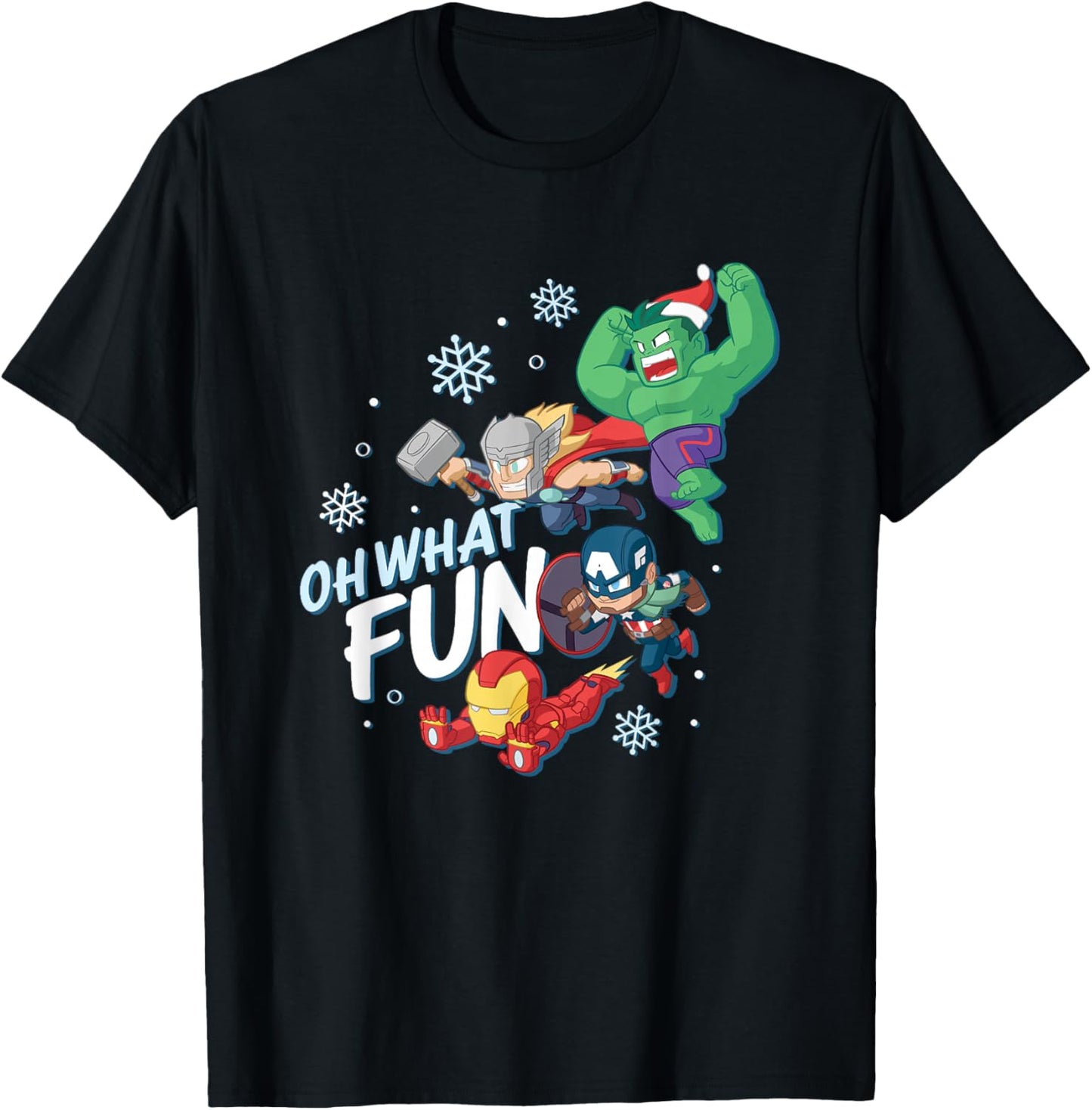 Marvel Christmas Oh What Fun Cute Avengers Big Chest Logo T-Shirt - T-Shirt | Black