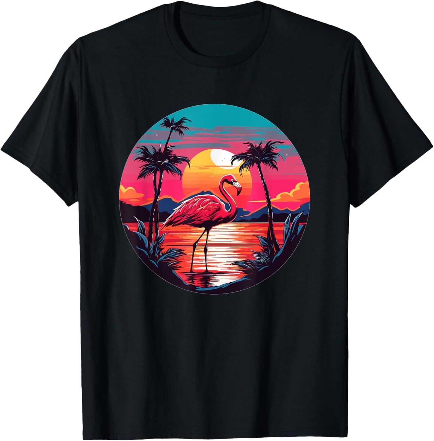 Flamingo Tropical Sunset Beach Palm Trees T-Shirt - T-Shirt | Black
