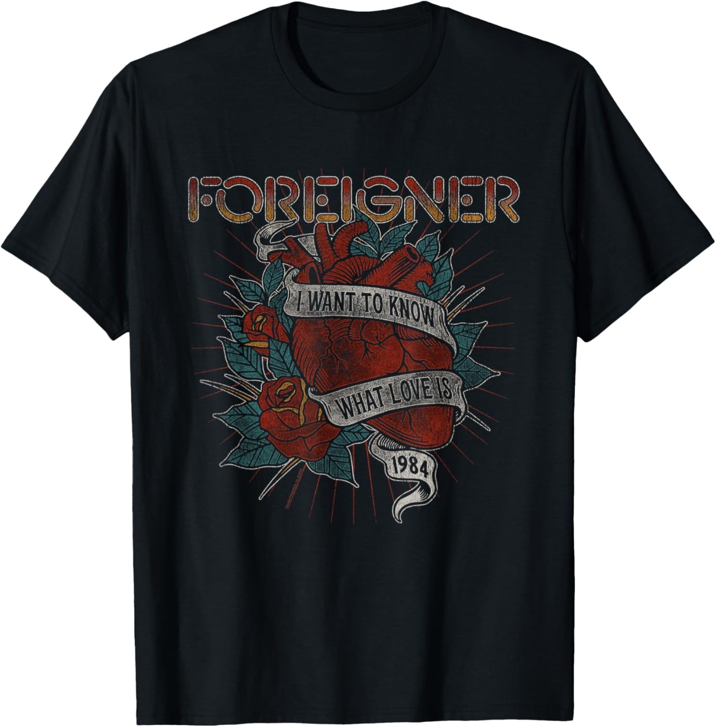 Foreigner Know What Love Is Heart Rose Tattoo Vintage Band T-Shirt - T-Shirt | Black