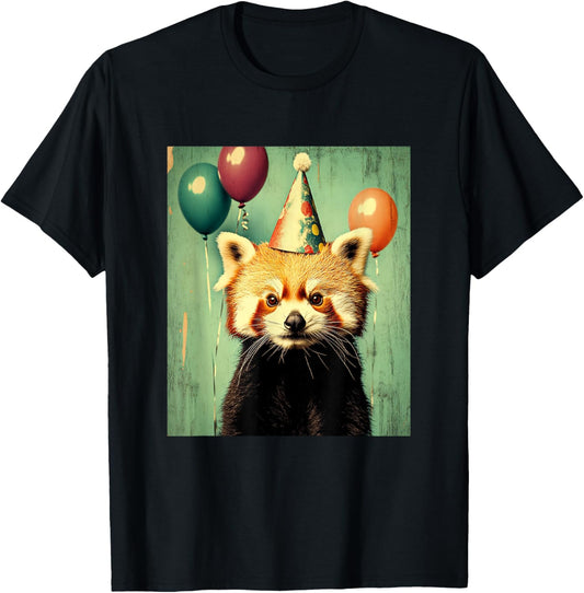 Red Panda Retro Art Print Birthday Party Balloons & Hat T-Shirt - T-Shirt | Black