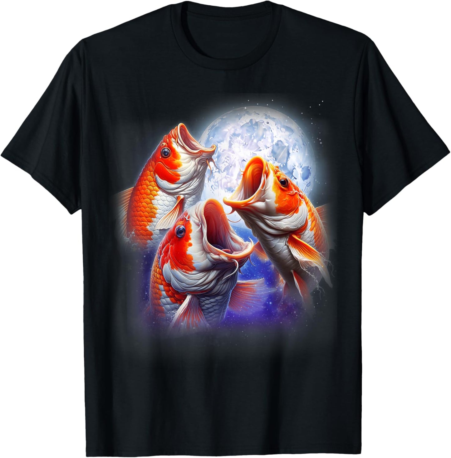 3 Koi Fish Howling At The Moon Funny Koi Carp Fish Keeper T-Shirt - T-Shirt | Black