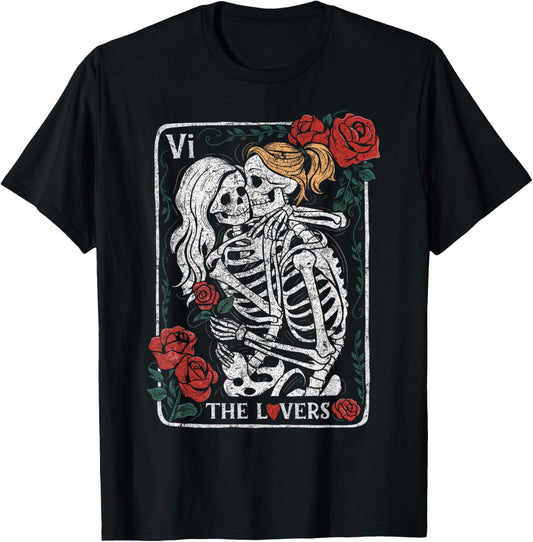 The Lovers Tarot Card Gothic Occult Kissing Skeleton Roses T-Shirt - T-Shirt | Black