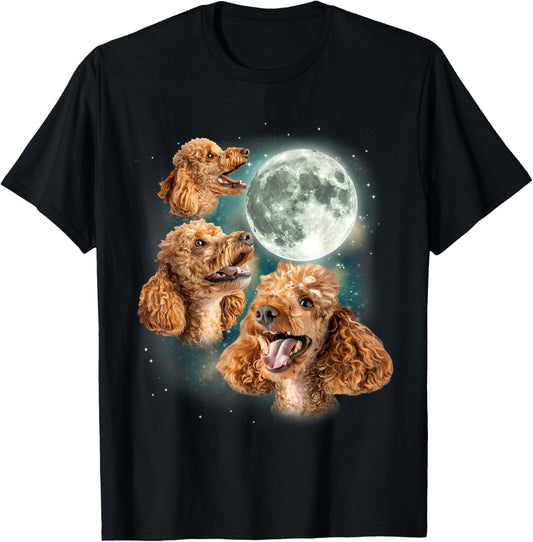 Three Poodle Moon | 3 Curly Canines Howling Weird Funny Meme T-Shirt - T-Shirt | Black