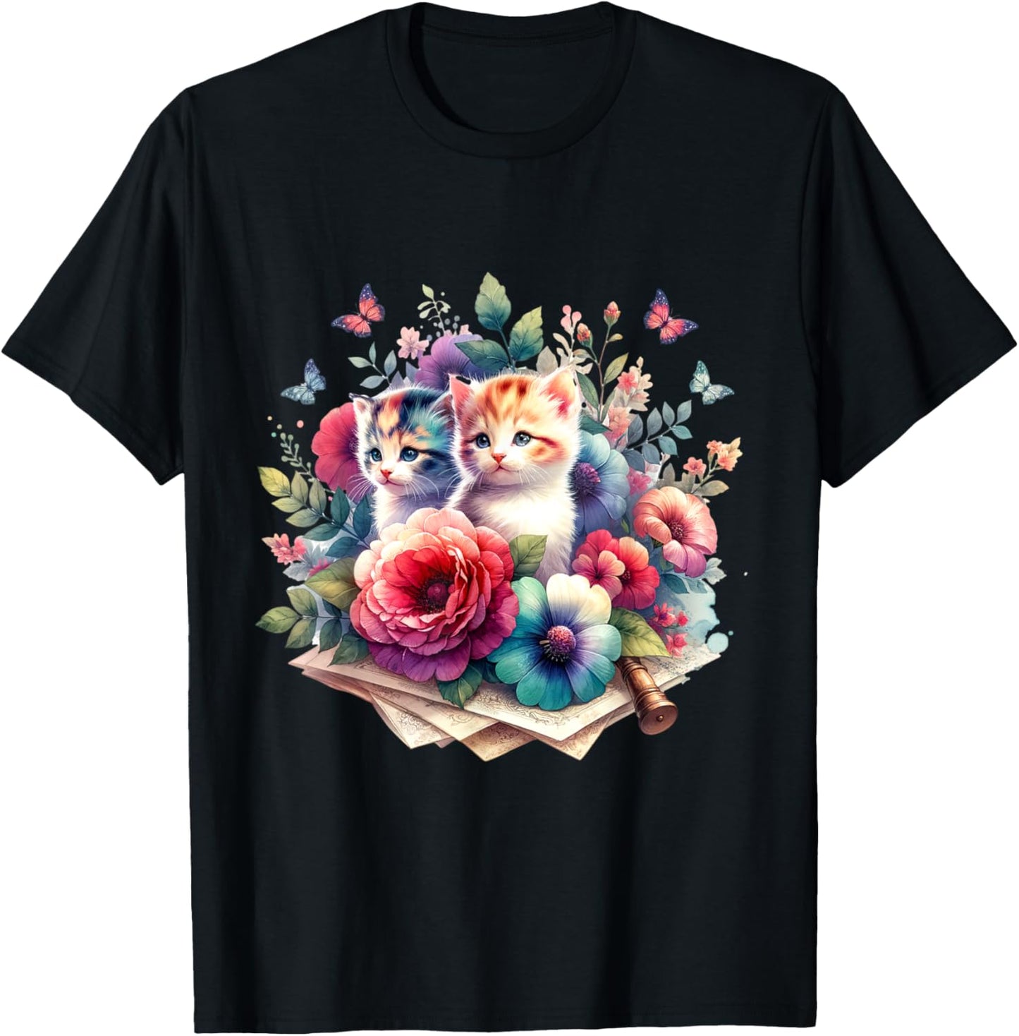 Floral Vintage Aesthetic Painted Kittens and Pressed Flower T-Shirt - T-Shirt | Black