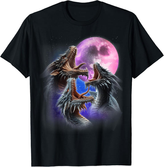 3 Dragons Howling At The Moon Funny Fantasy Dragon Lover T-Shirt - T-Shirt | Black