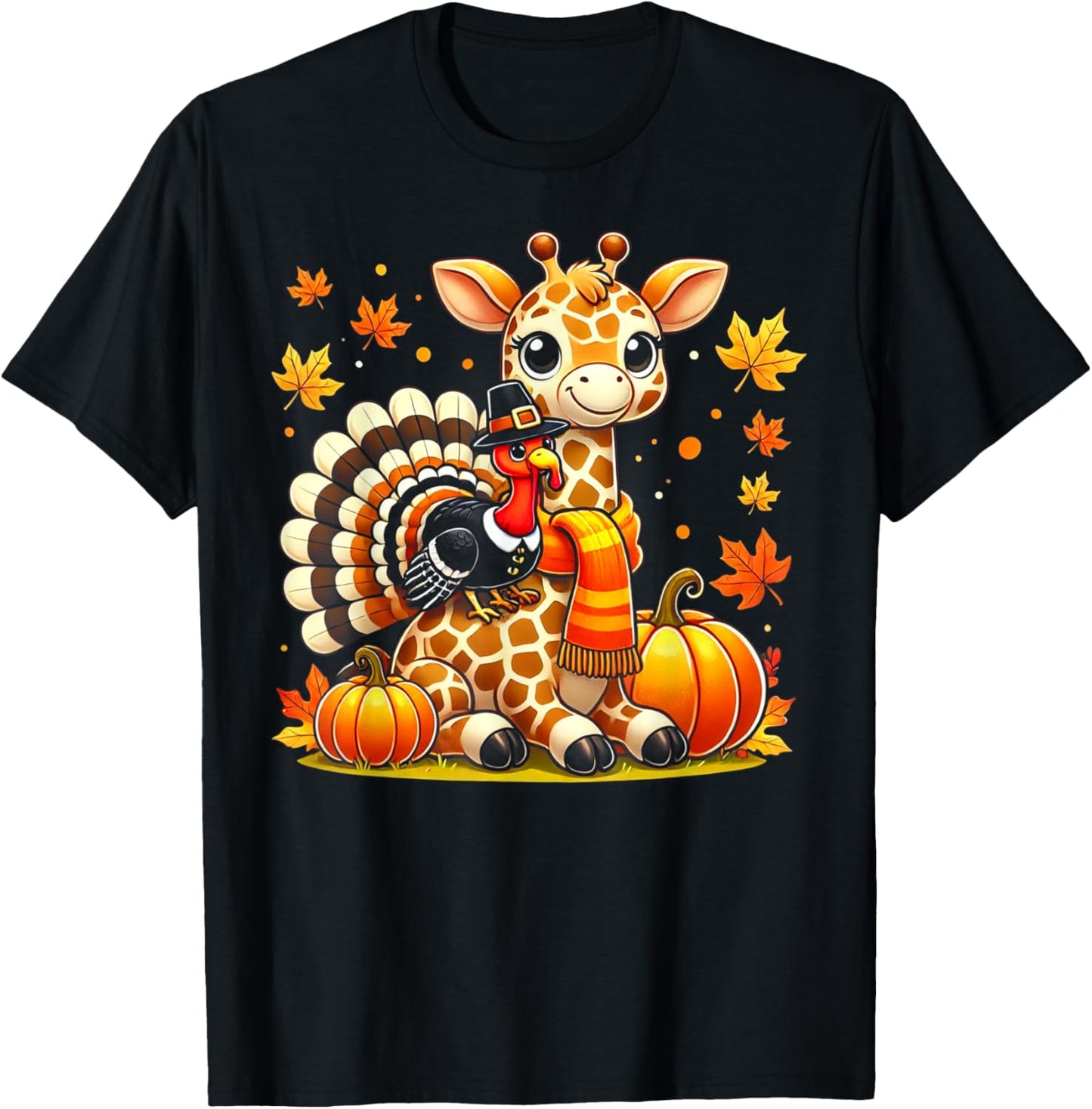 Thanksgiving Turkey Riding Giraffe With Fall Pumpkins T-Shirt - T-Shirt | Black