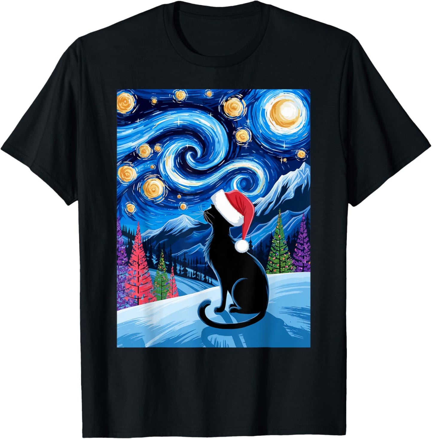 Van Gogh Christmas Cat Starry Night Black Cat Fans Santa Hat T-Shirt - T-Shirt | Black