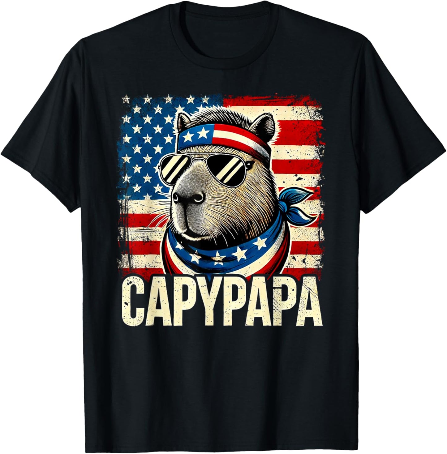CapyPapa 4th of July American Flag Capybara Papa USA T-Shirt - T-Shirt | Black