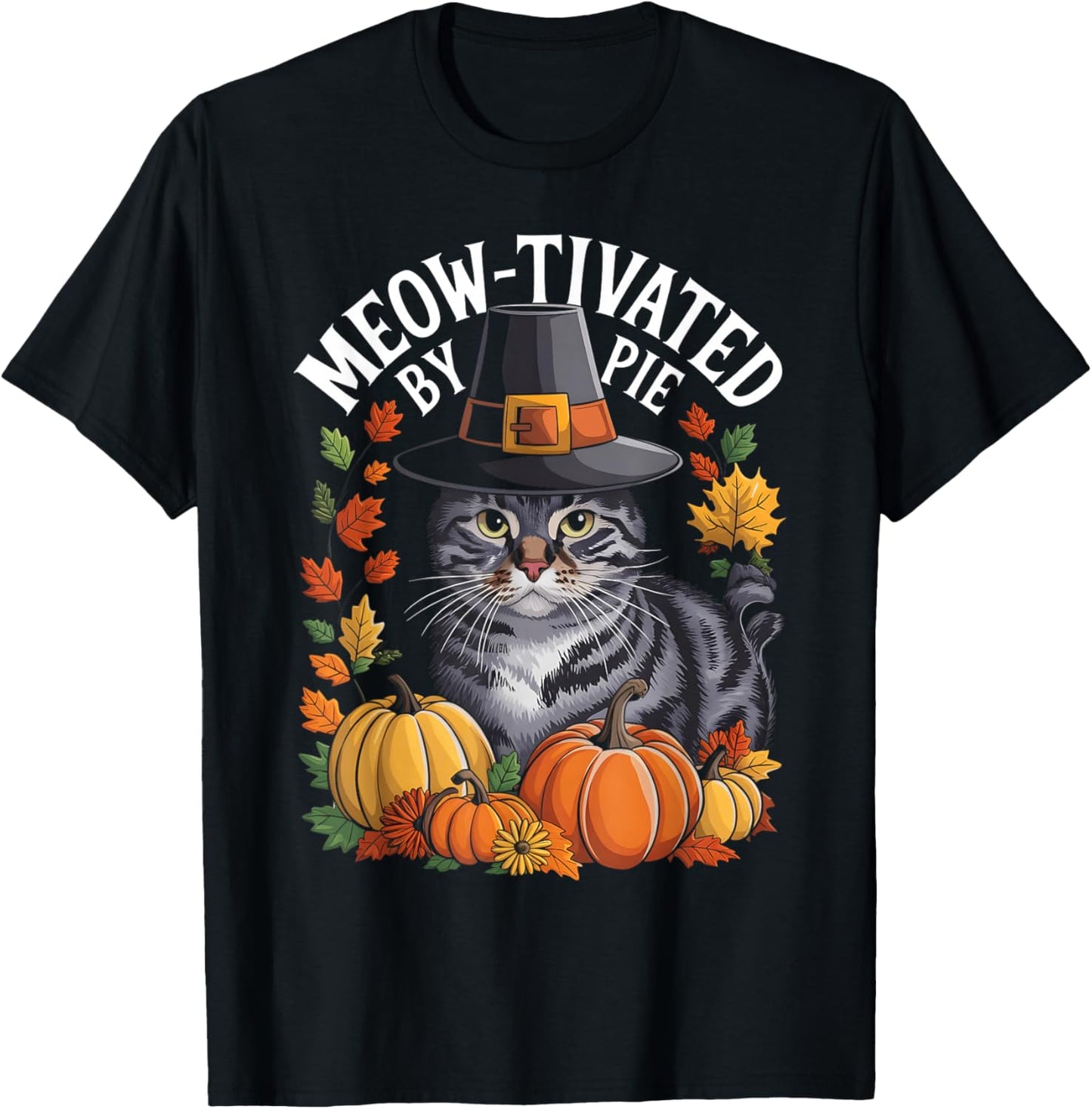 Thanksgiving Pilgrim Cat Lover Meow-tivated T-Shirt - T-Shirt | Black