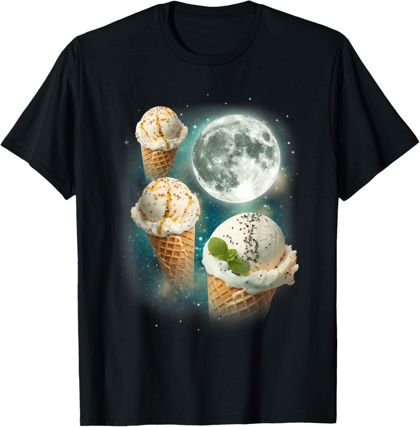 Three Ice-Creams Moon | 3 Scoops Magical Sweet Cold Treat T-Shirt - T-Shirt | Black