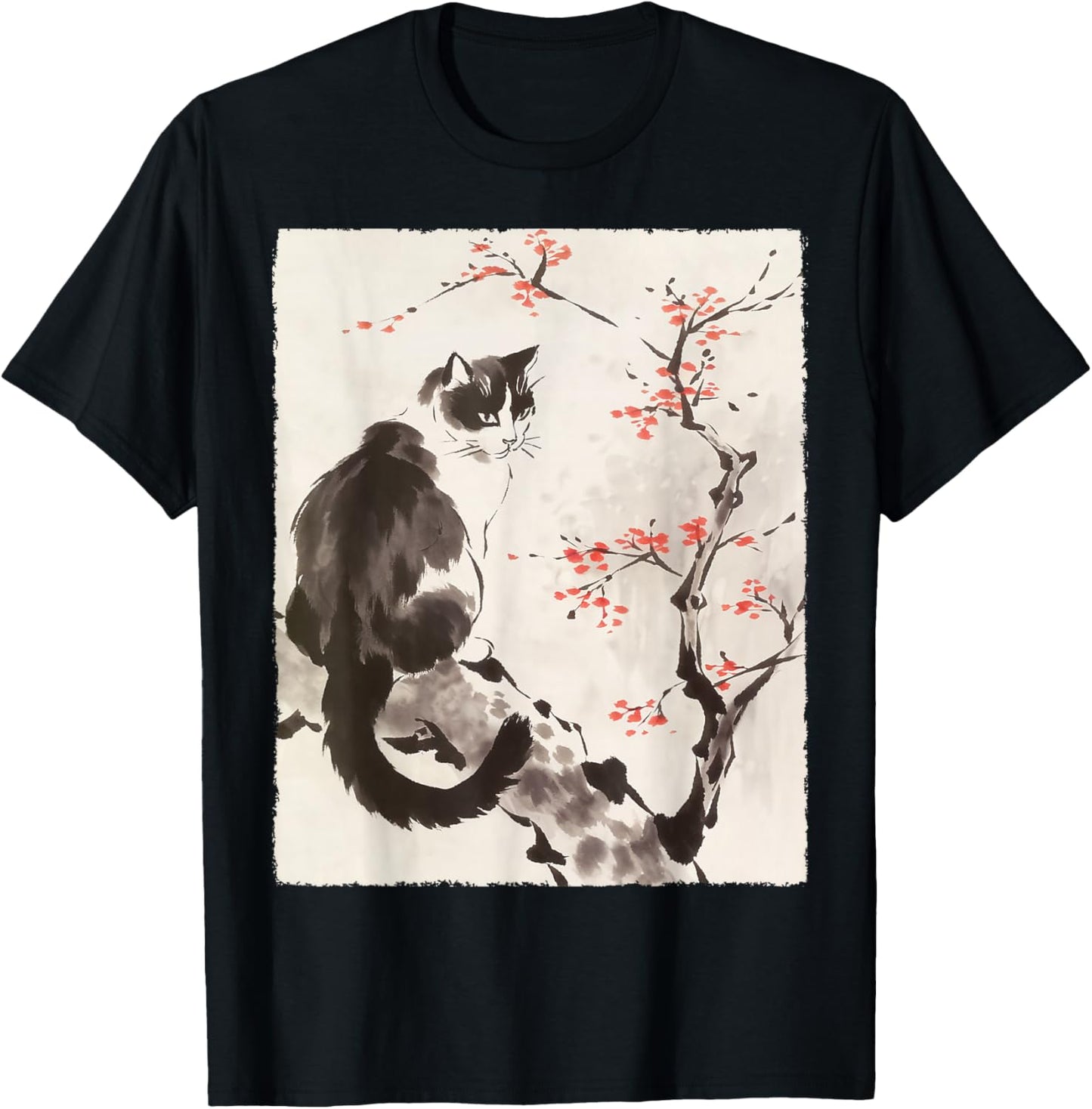 Cat Japanese Art Sakura Cherry Blossom Gifts Women T-Shirt - T-Shirt | Black