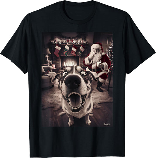 Funny Dog Selfie With Santa Xmas Christmas Women Girls Kids T-Shirt - T-Shirt | Black
