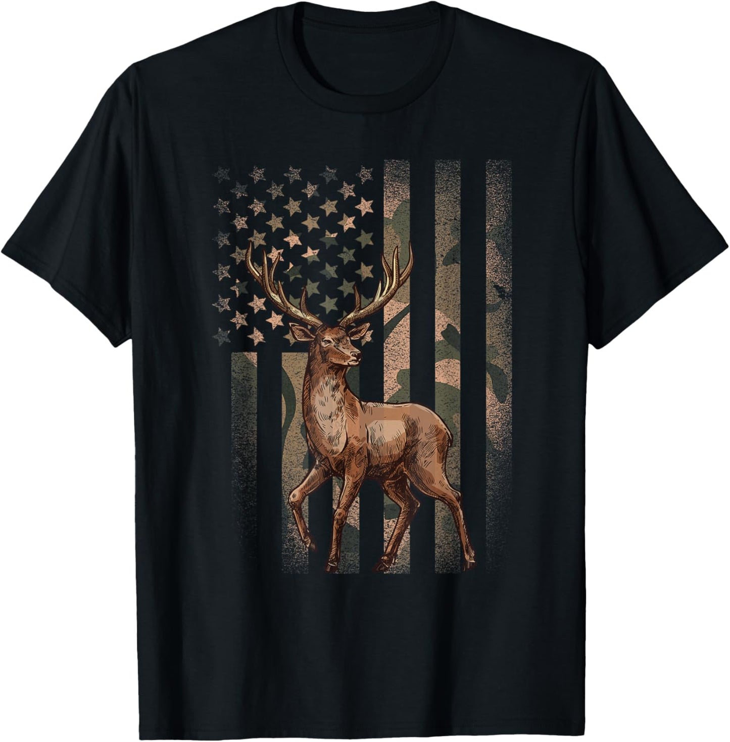 American Flag Camouflage Outdoor Moose Vintage Men Women T-Shirt - T-Shirt | Black
