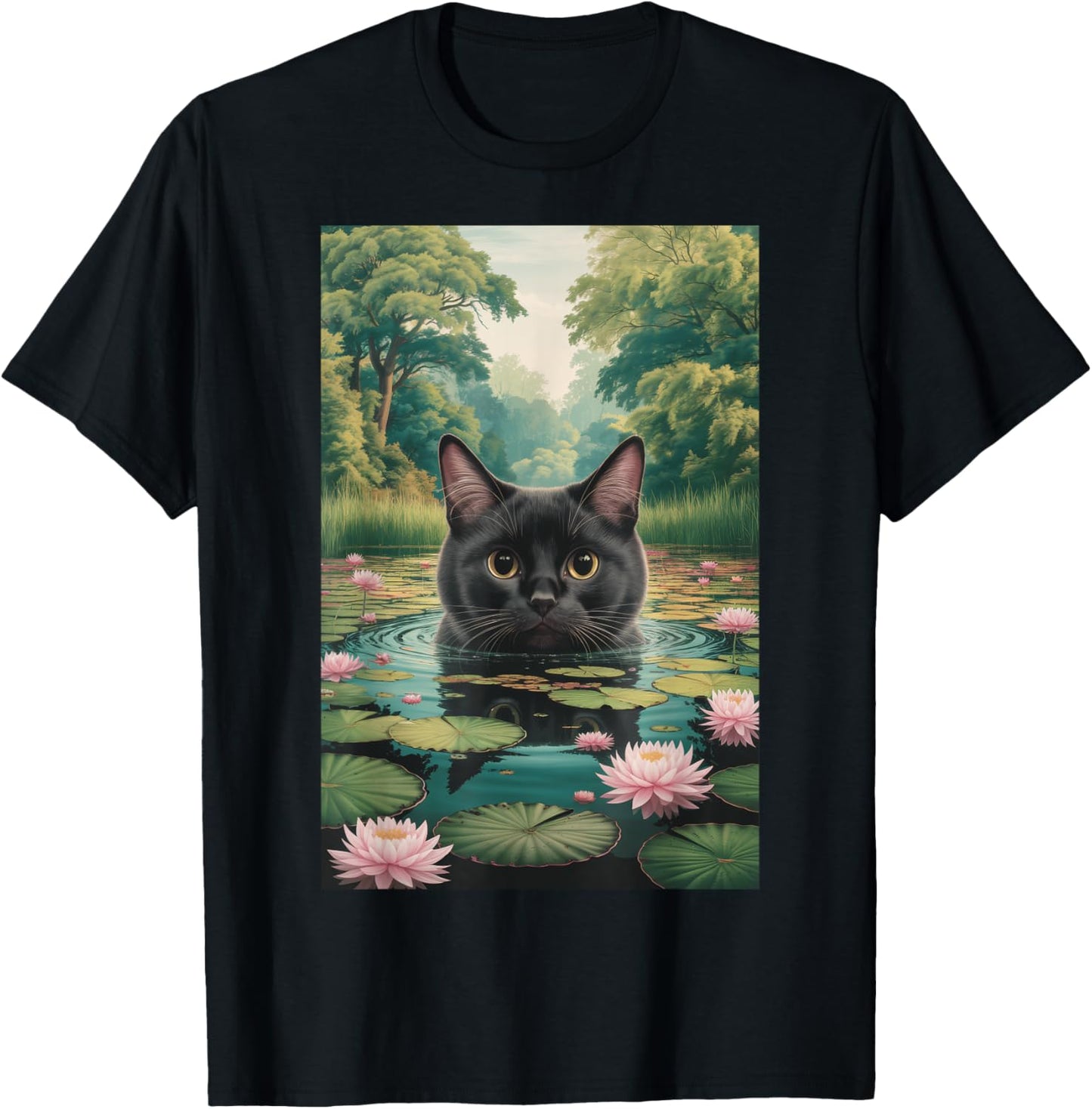 Black Cat Monets Waterlily Painting Art Cat T-Shirt - T-Shirt | Black