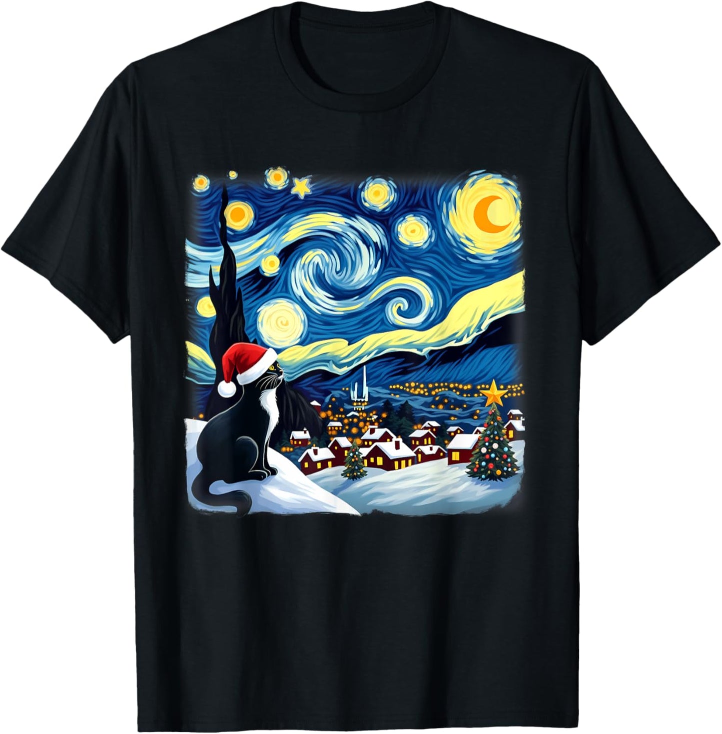 Christmas Tuxedo Cat Starry Night Men Women Kids T-Shirt - T-Shirt | Black