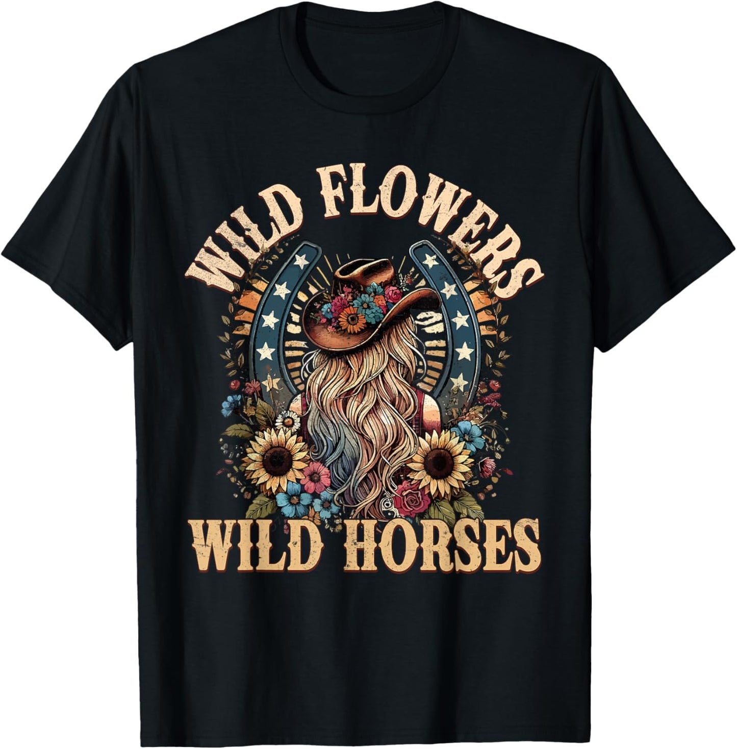 Retro Southern Sunset Cowgirl Wild Flowers - Wild Horses T-Shirt - T-Shirt | Black