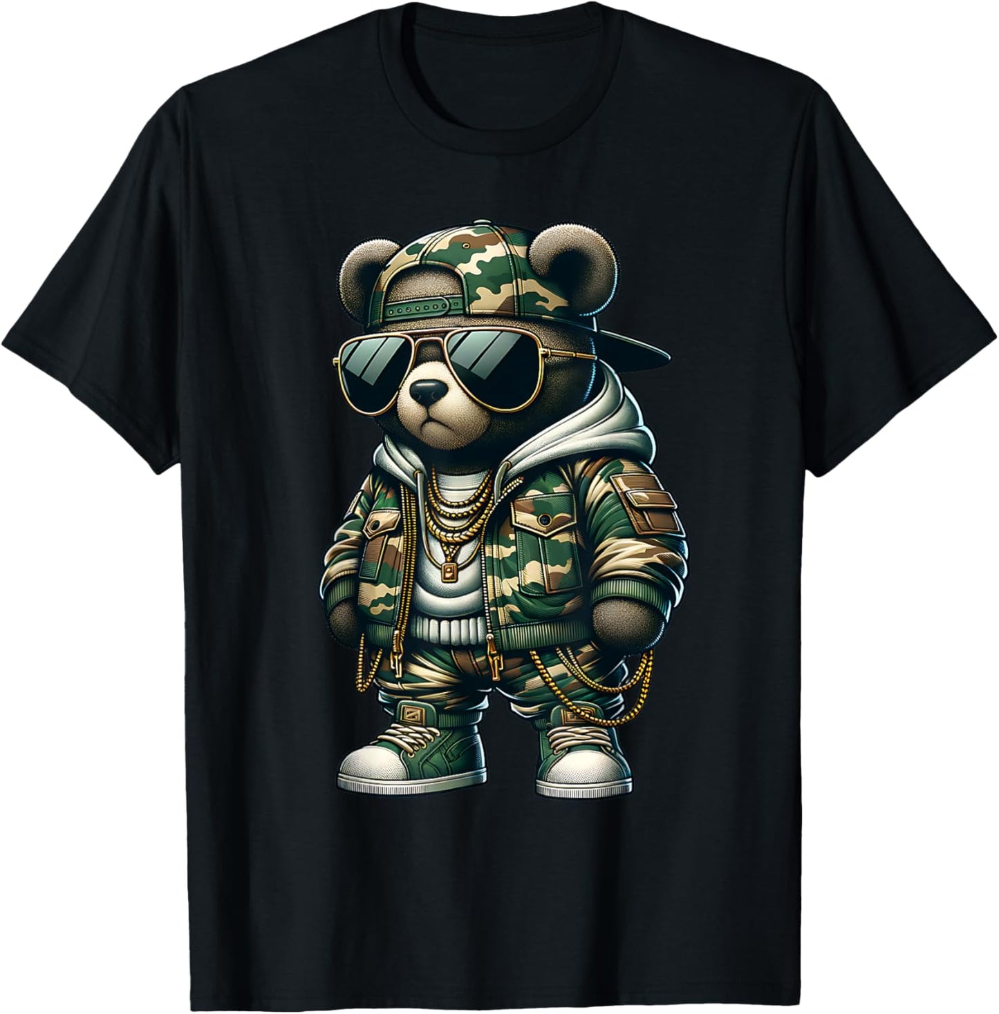 Camo Teddy Bear Hip-Hop Streetwear-Urban Camouflage Bear T-Shirt - T-Shirt | Black