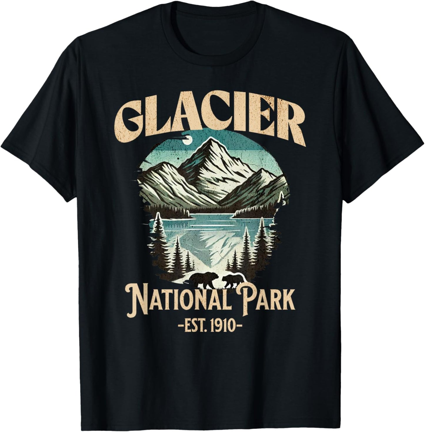 Glacier National Park Est. 1910 | Vintage Souvenir T-Shirt - T-Shirt | Black