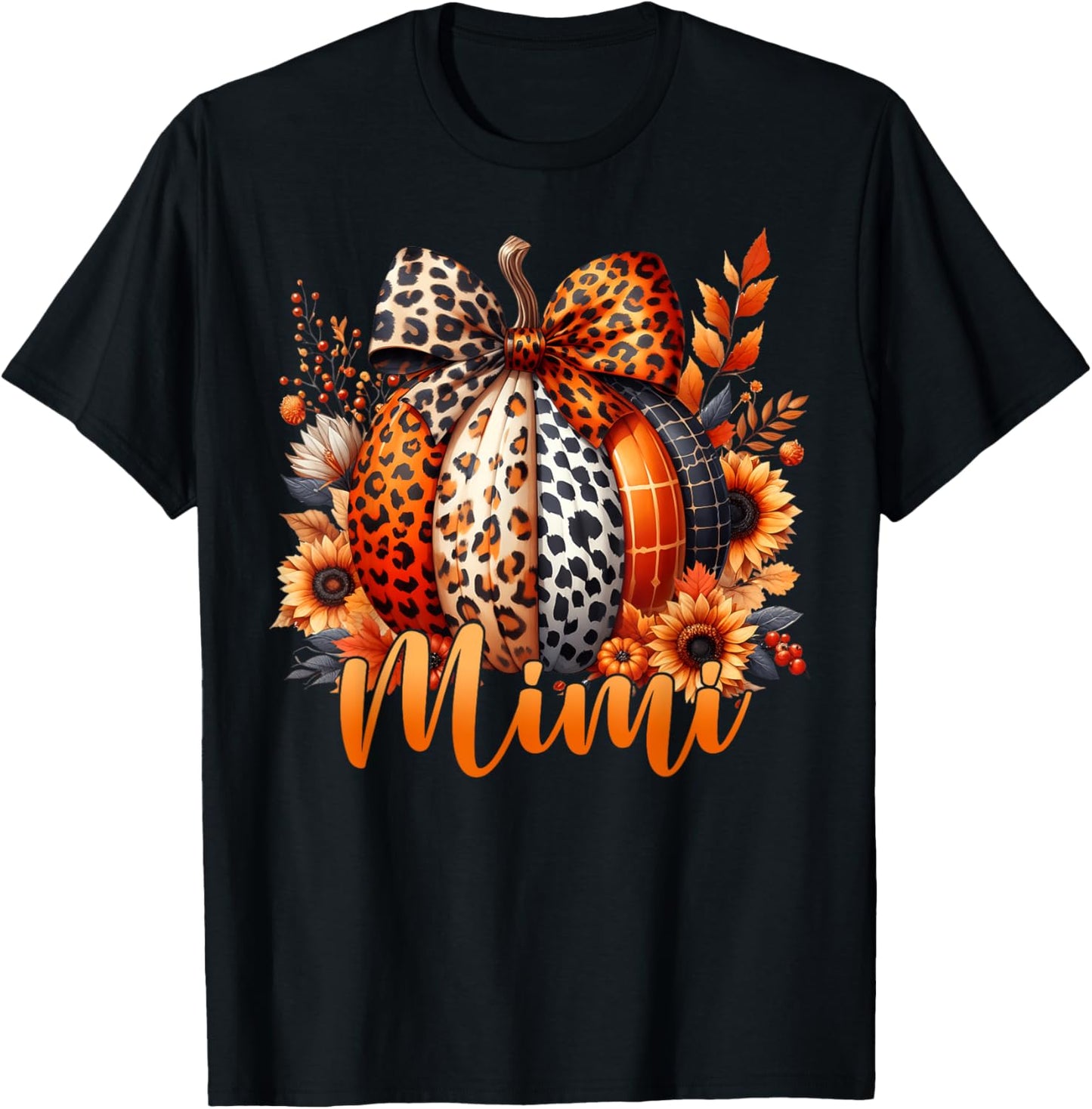 Mimi Thanksgiving Leopard Pumpkin Sunflower Coquette Bow T-Shirt - T-Shirt | Black