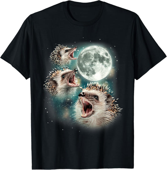 Three Hedgehog Moon | 3 Hedgies Funny Weird Cursed Meme T-Shirt - T-Shirt | Black