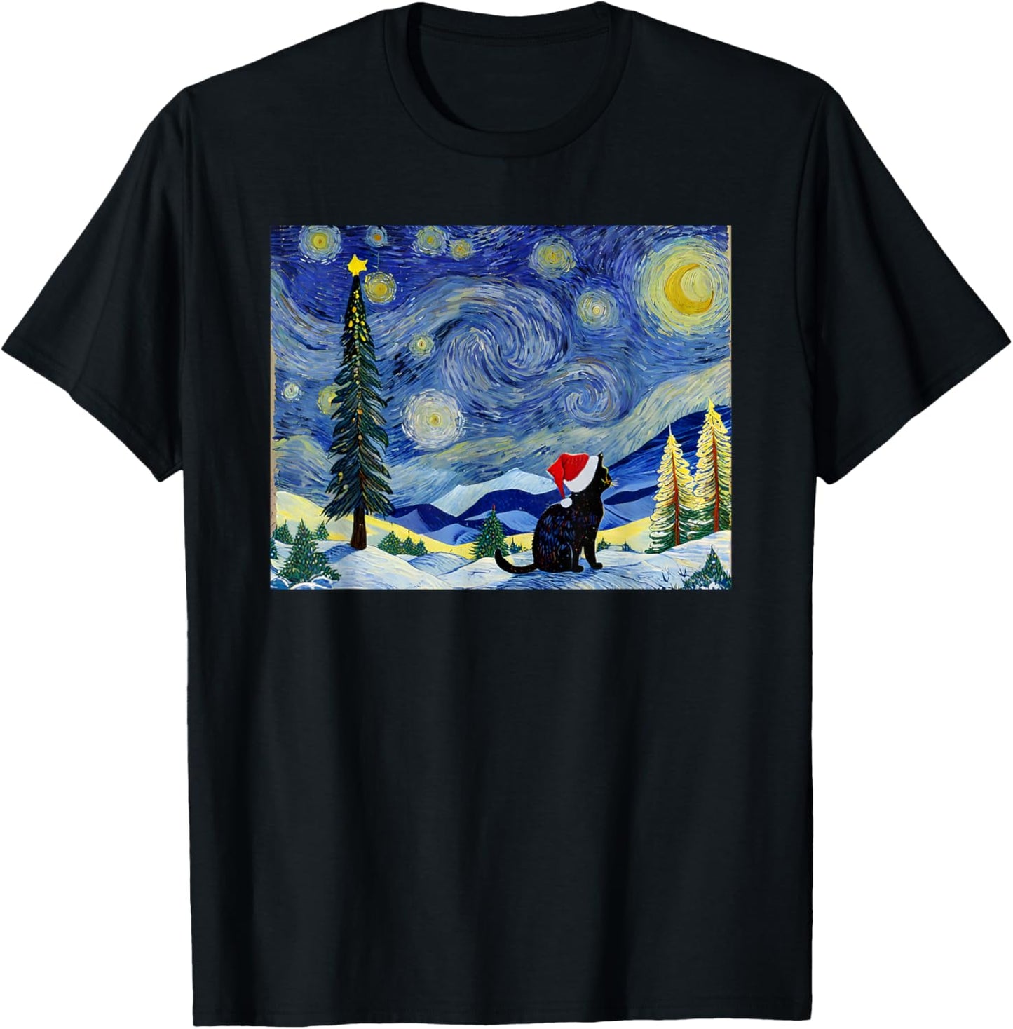 Cat Starry Night Van Gogh Christmas Black Cats Lover Women Kids T-Shirt - T-Shirt | Black