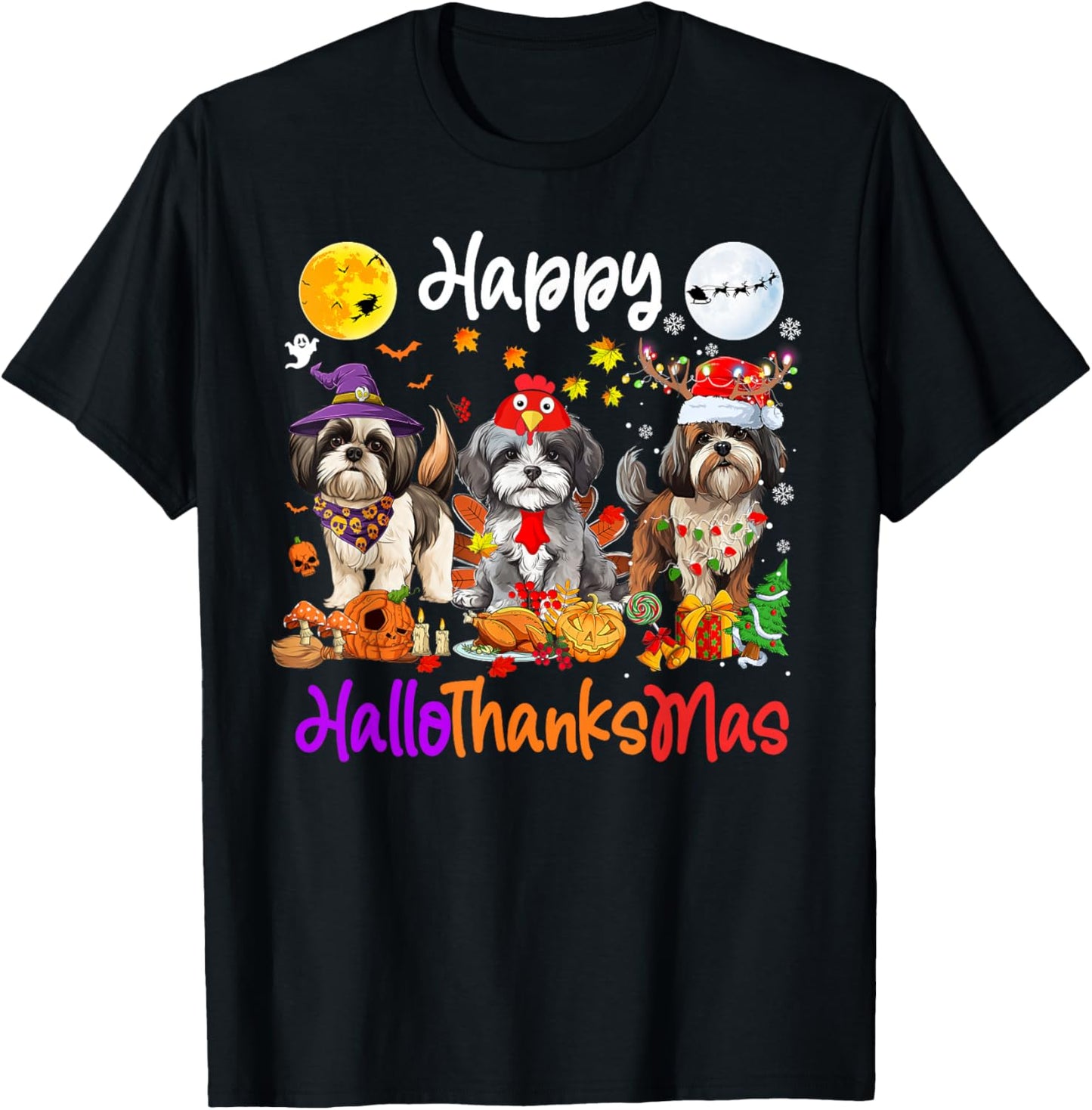 Halloween Thanksgiving Christmas Shih Tzu Dog Hallothanksmas T-Shirt - T-Shirt | Black