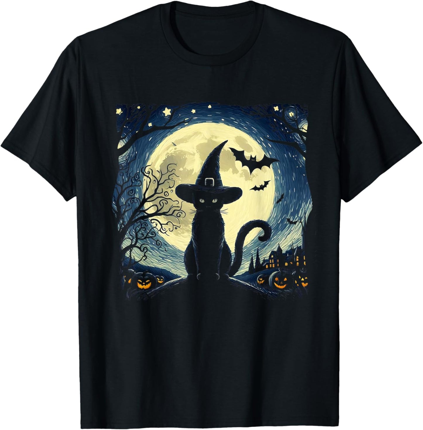 Vintage Scary halloween black cat Van gogh Starry Night Moon Women Kids T-Shirt - T-Shirt | Black
