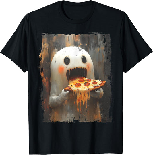 Cute Pizza Ghost Eating Pizza Funny Halloween Food Lovers T-Shirt - T-Shirt | Black
