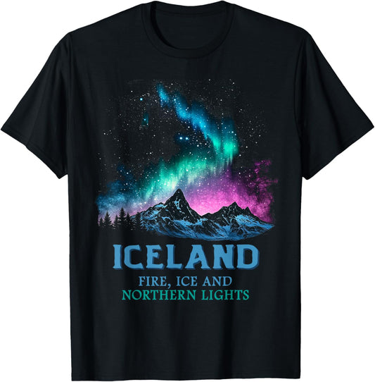 Iceland - Fire Ice Northern Lights Aurora Borealis T-Shirt - T-Shirt | Black