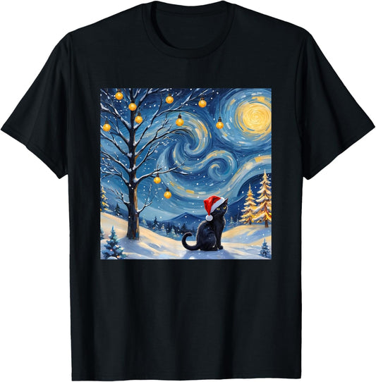 Christmas Van Gogh Starry Night Black Cat Santa Hat Vintage Women Kids T-Shirt - T-Shirt | Black