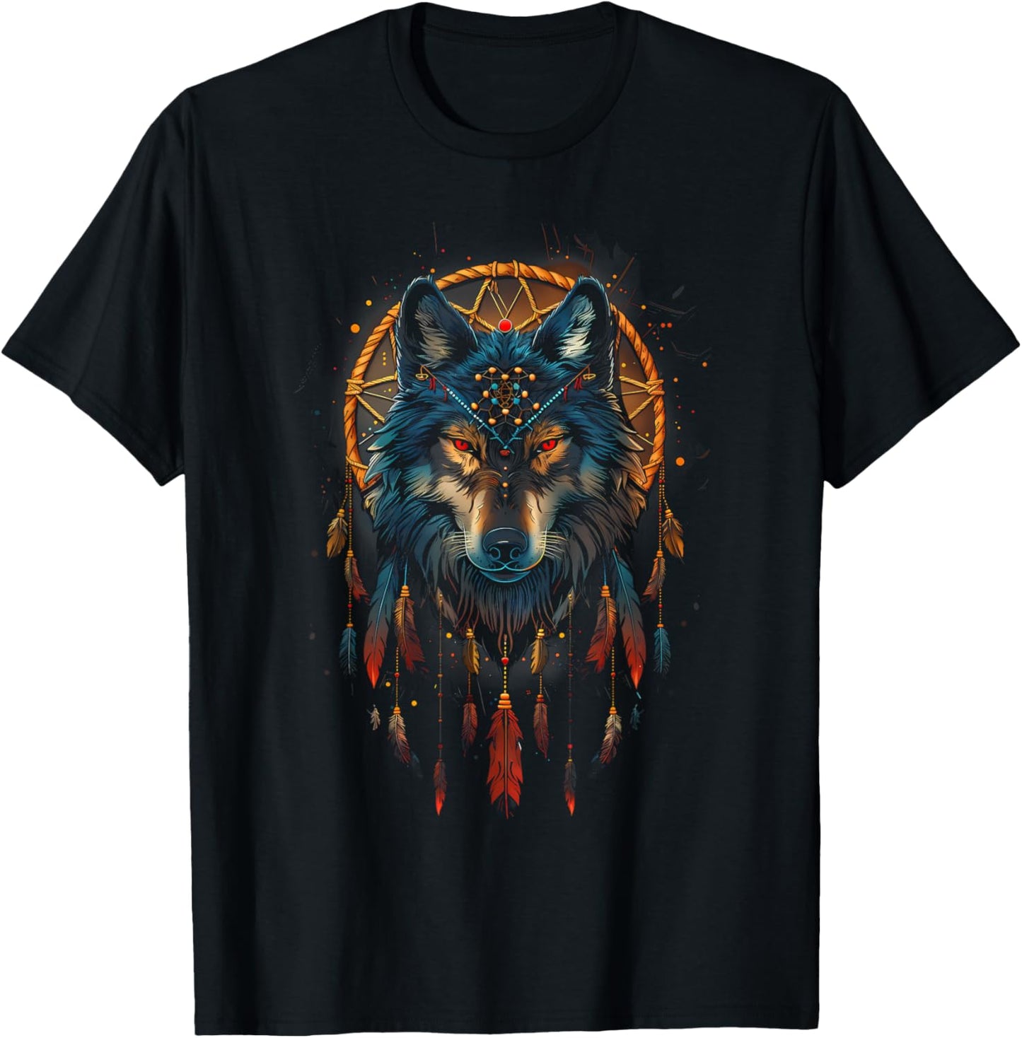 Colorful Mantra Spirit Animal Dreamcatcher Shop Wolf Dreamcatcher Native American Indian Feathers Arts -Adults Black Small Modern Tribal Boho Motif Round Collar Short Sleeve T-Shirt - T-Shirt | Black