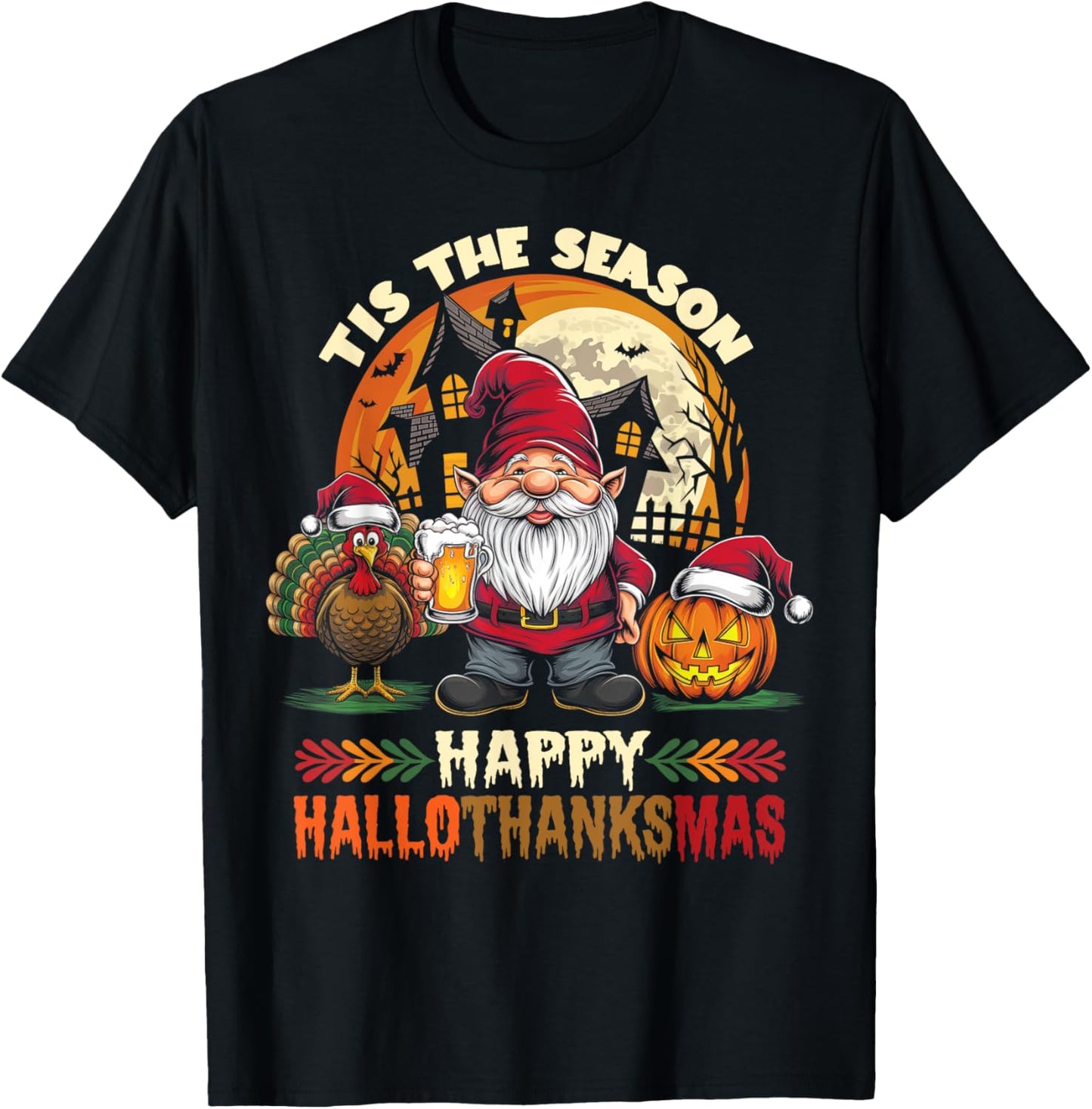 Happy Hallothanksmas Halloween Thanksgiving Merry Christmas T-Shirt - T-Shirt | Black