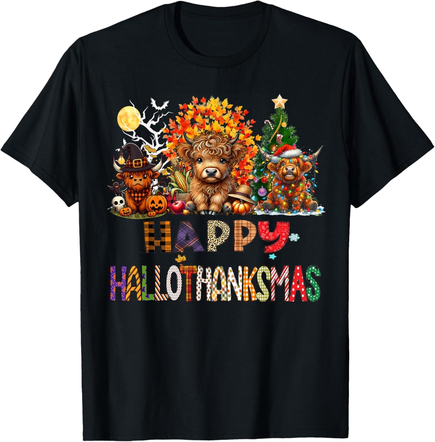 Happy Halloween Thanksgiving Christmas Highland Cow Holiday T-Shirt - T-Shirt | Black