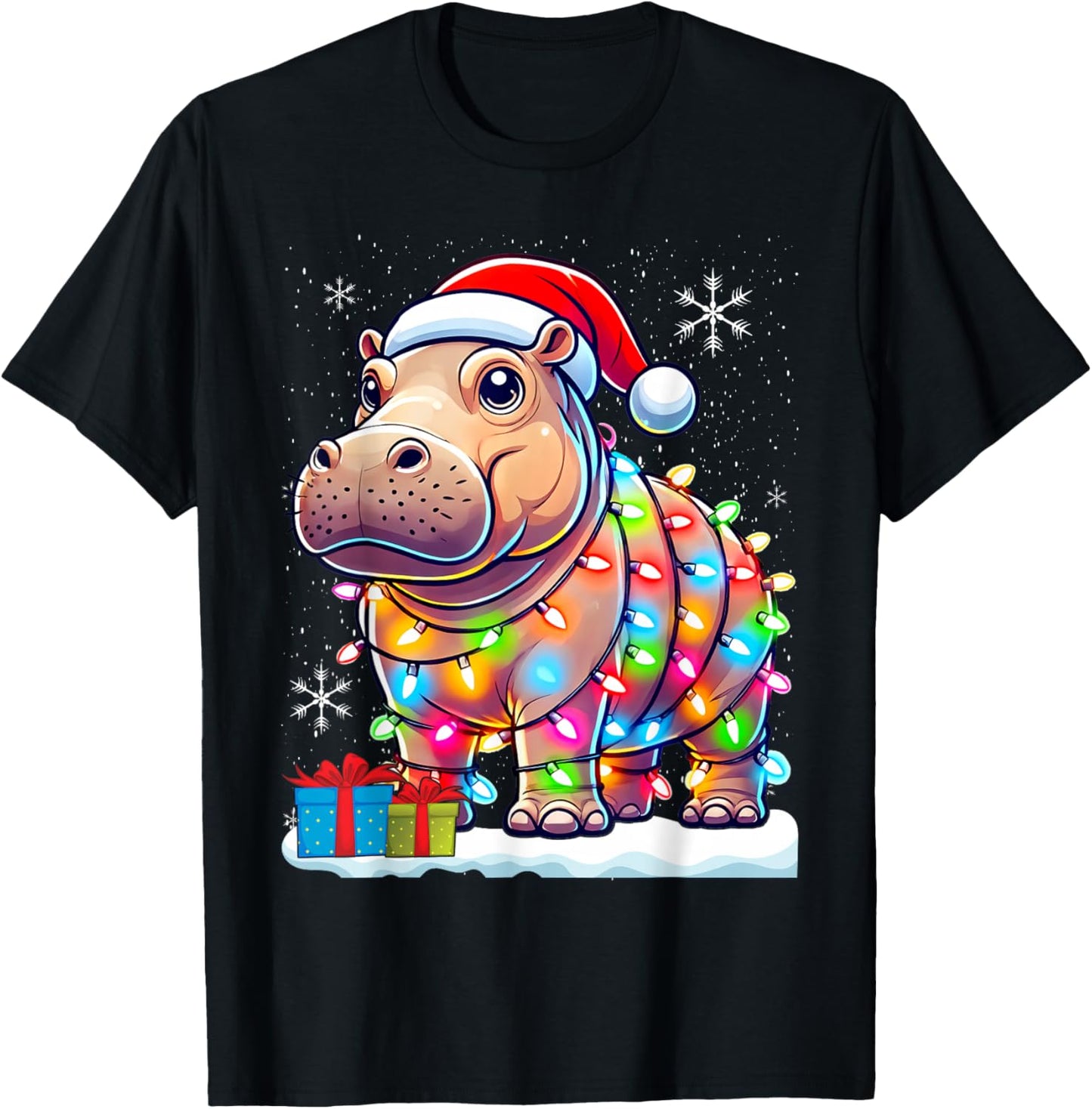 Hippo Lover Gift Co. Christmas Lights Fiona -Adults & Kids , Black, Small, Short Sleeve T-Shirt - T-Shirt | Black