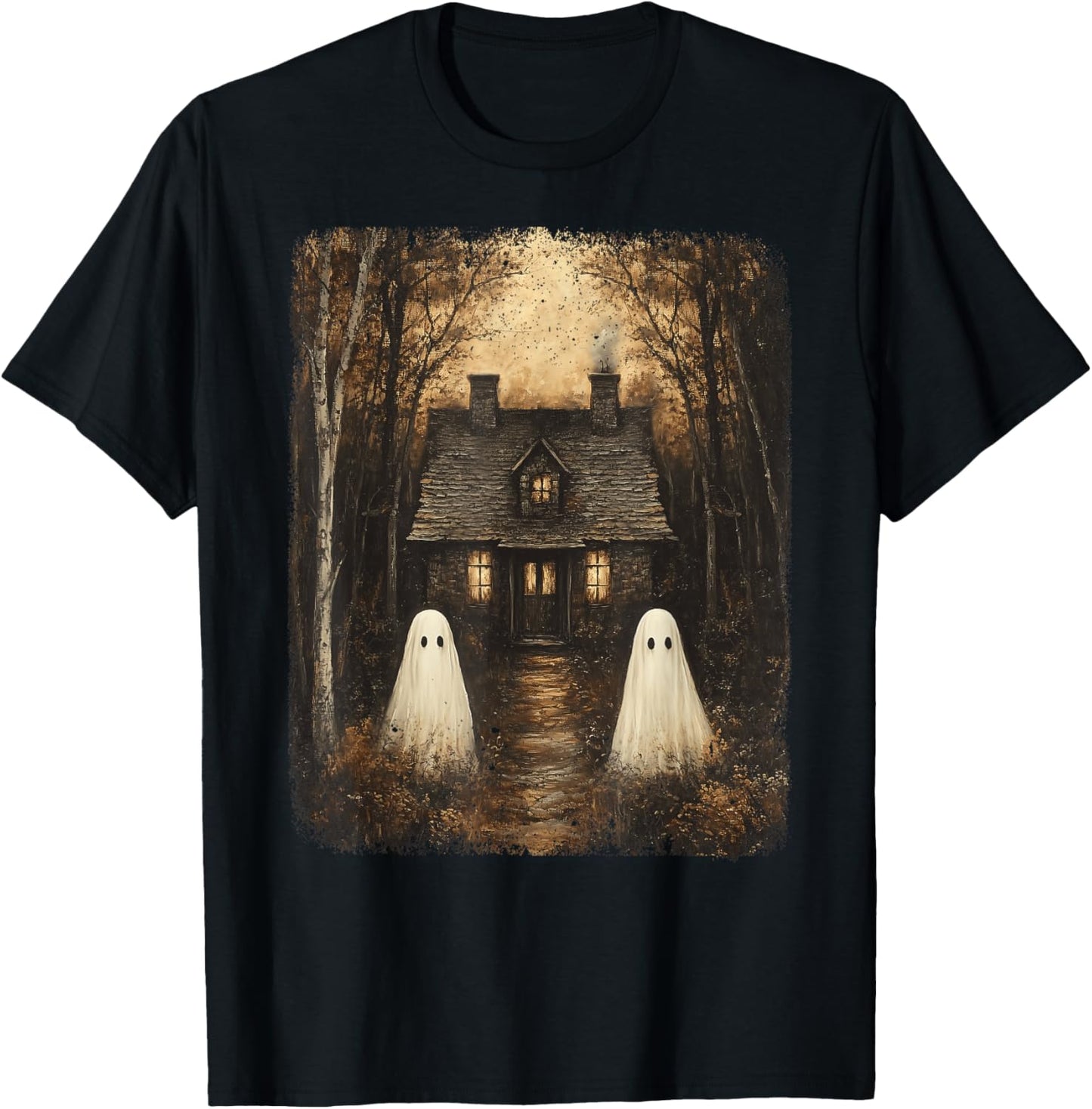 Vintage Haunted House Halloween Spooky Ghost Gothic Forest T-Shirt - T-Shirt | Black