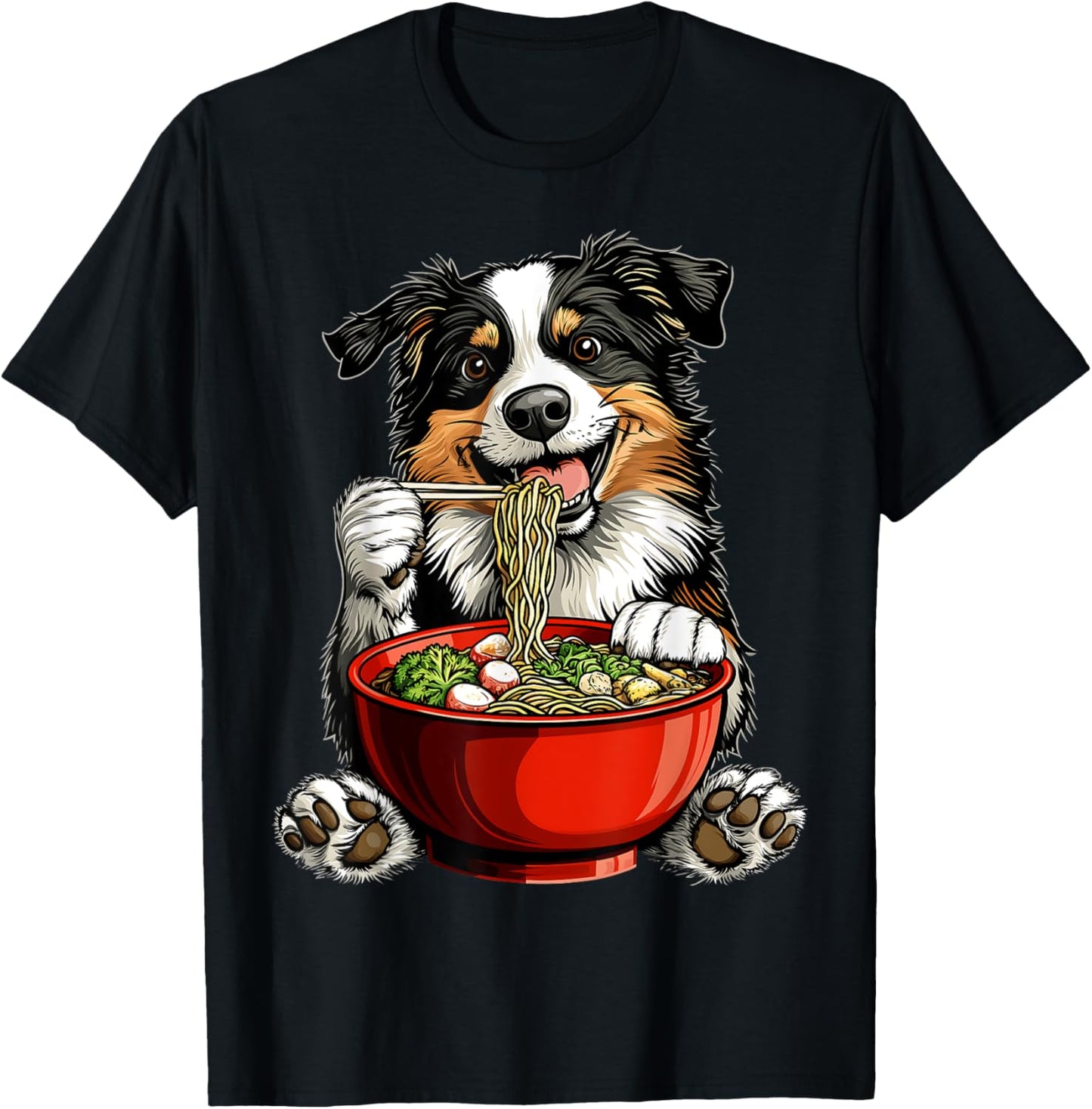 Border Collie Dog Eating Ramen Bowl Japanese Noodles T-Shirt - T-Shirt | Black