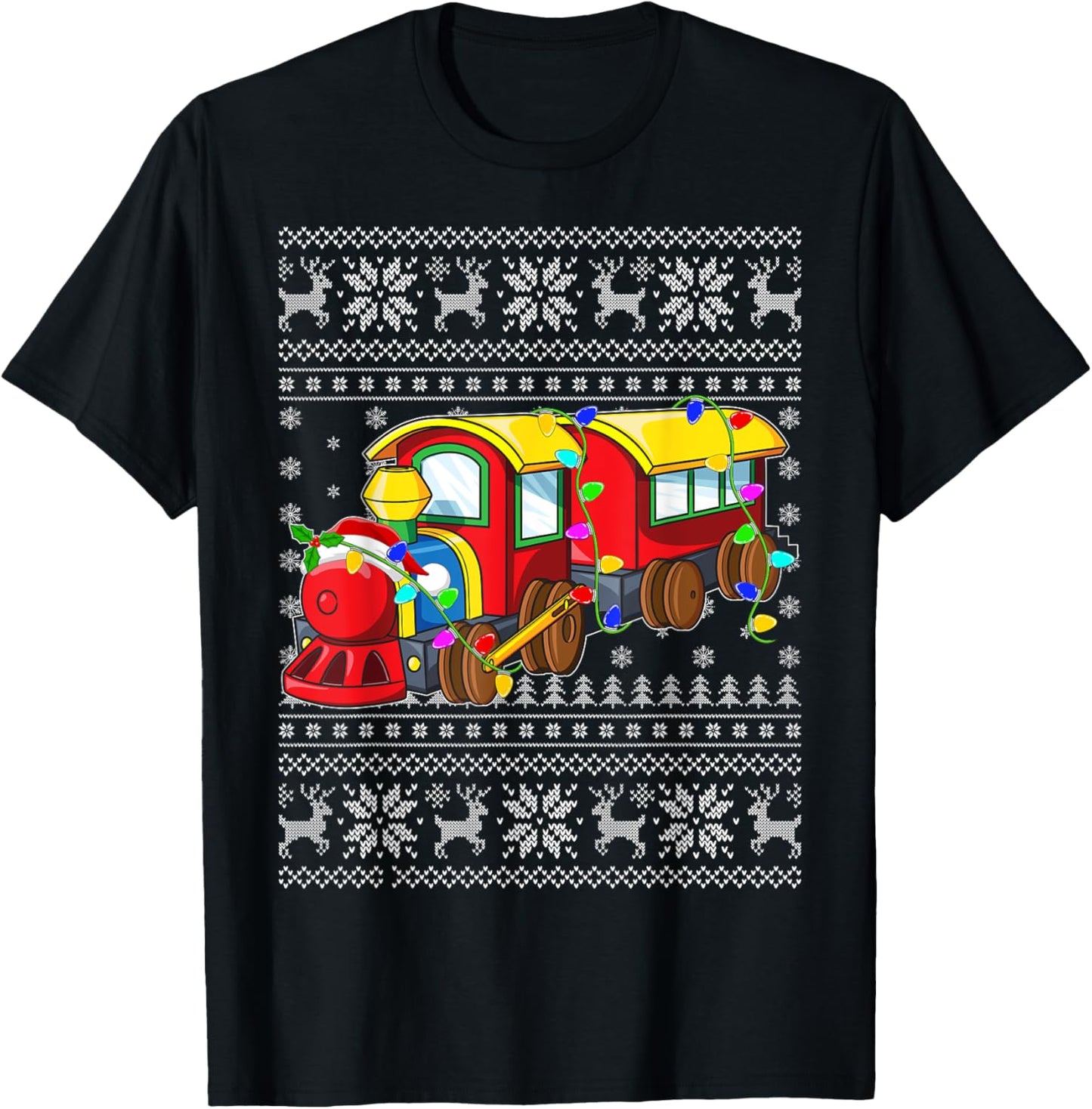Ugly Sweater Xmas Lights Santa Hat Train Christmas T-Shirt - T-Shirt | Black