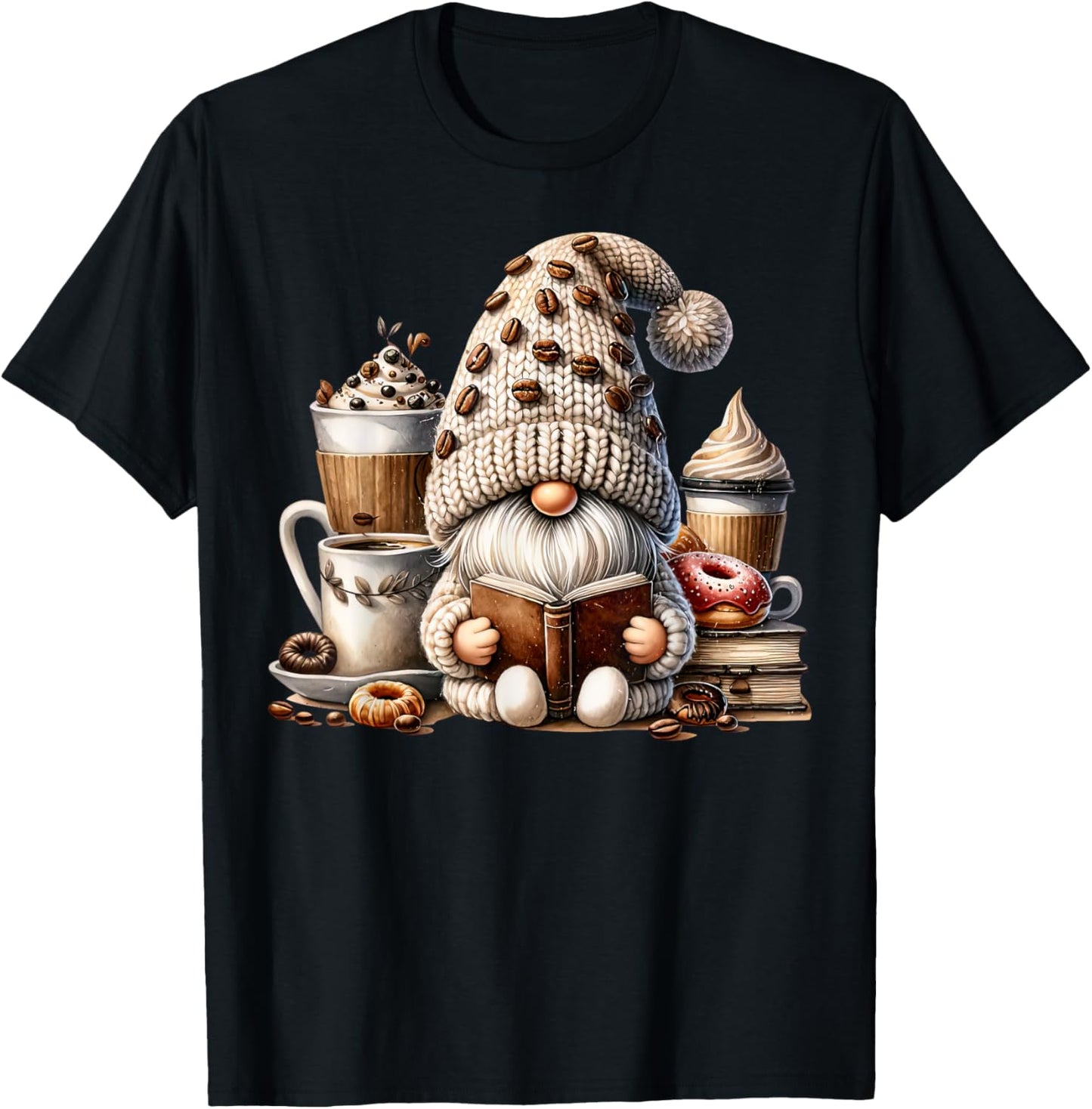 Vintage Cute Gnome Reading Book Coffee Latte Men Women Kids T-Shirt - T-Shirt | Black