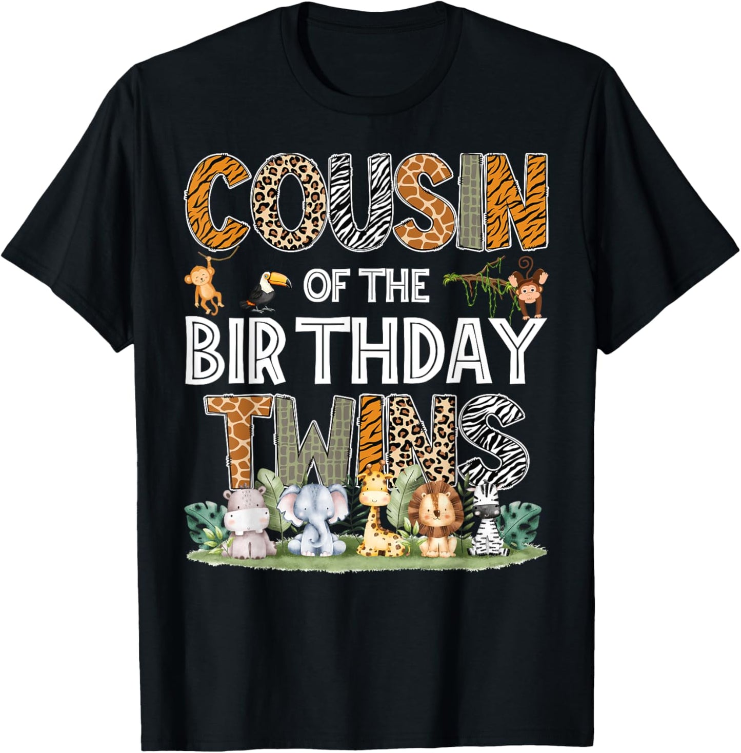 Cousin Of The Birthday Twins Safari Wild One Zoo Animal T-Shirt - T-Shirt | Black