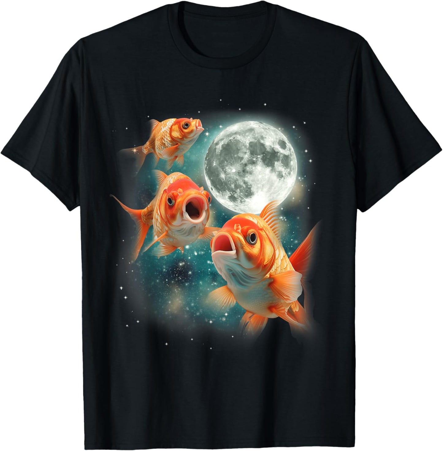 Three Goldfish Moon | 3 Fish Moon Unique Goldfish Parody T-Shirt - T-Shirt | Black