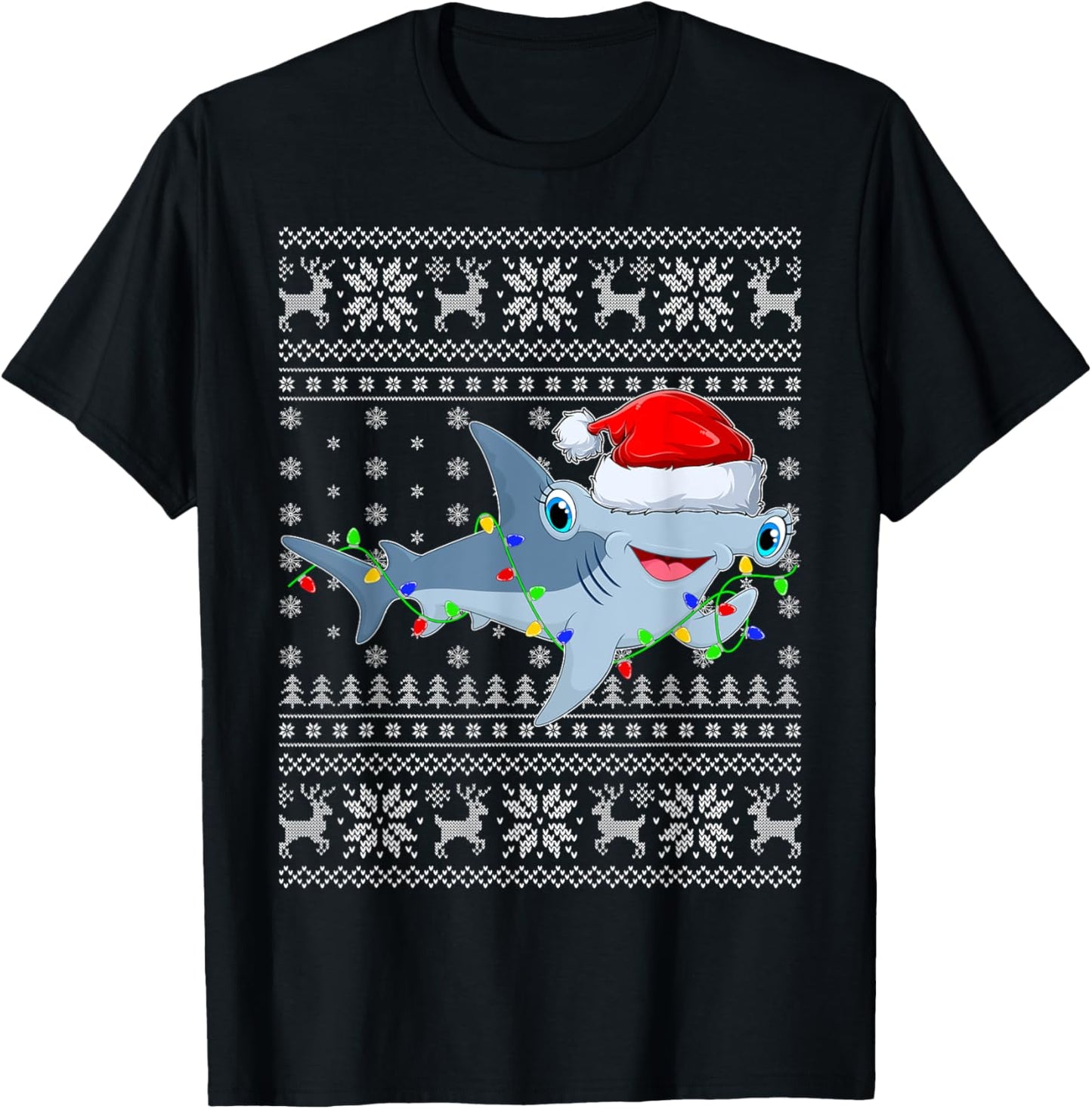 Ugly Sweater Xmas Lights Santa Hammerhead Shark Christmas T-Shirt - T-Shirt | Black