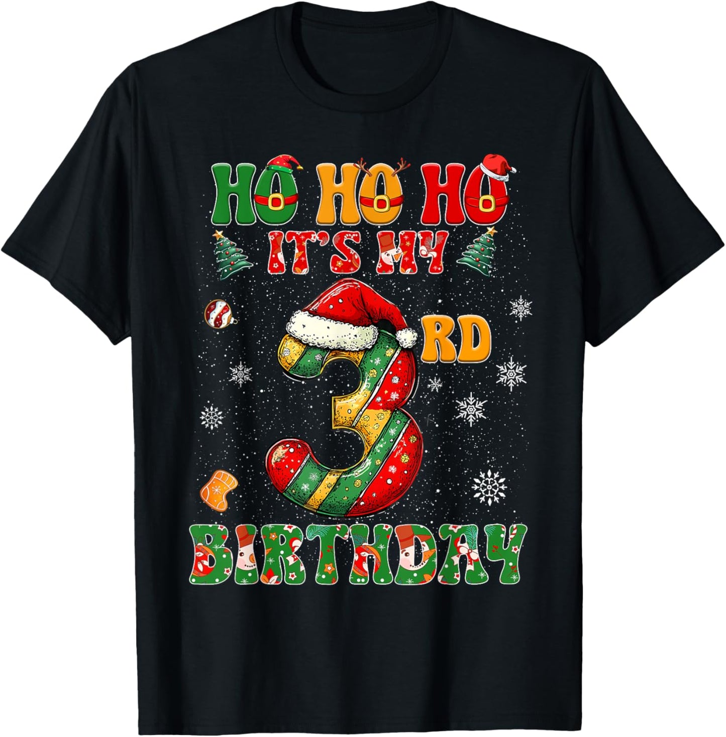 Ho Ho Ho It's My 3rd Birthday Xmas Candy Cane 3 Years Old T-Shirt - T-Shirt | Black