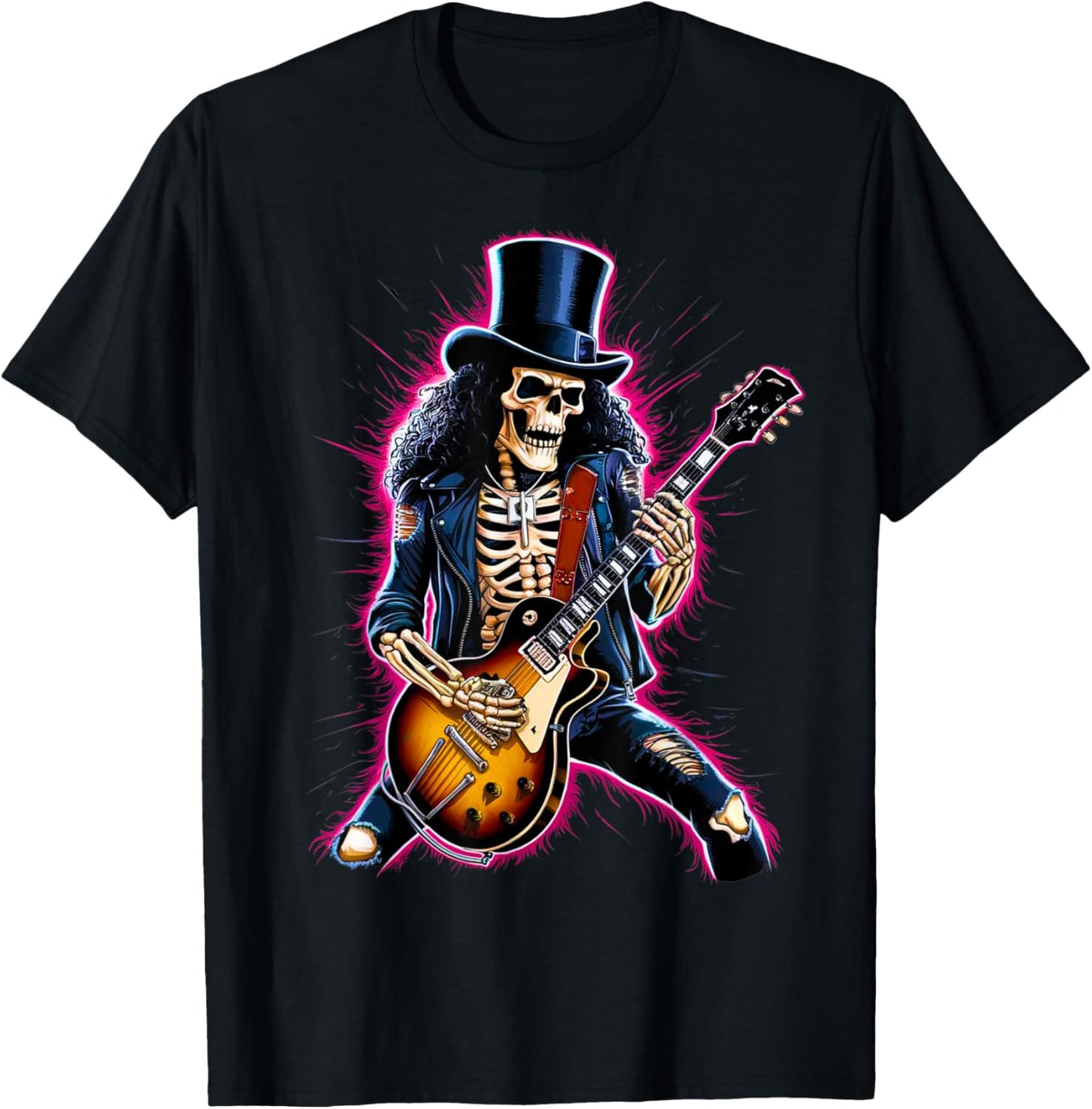 Skeleton Playing Guitar Rock & Roll Band 80s 90s Concert T-Shirt - T-Shirt | Black