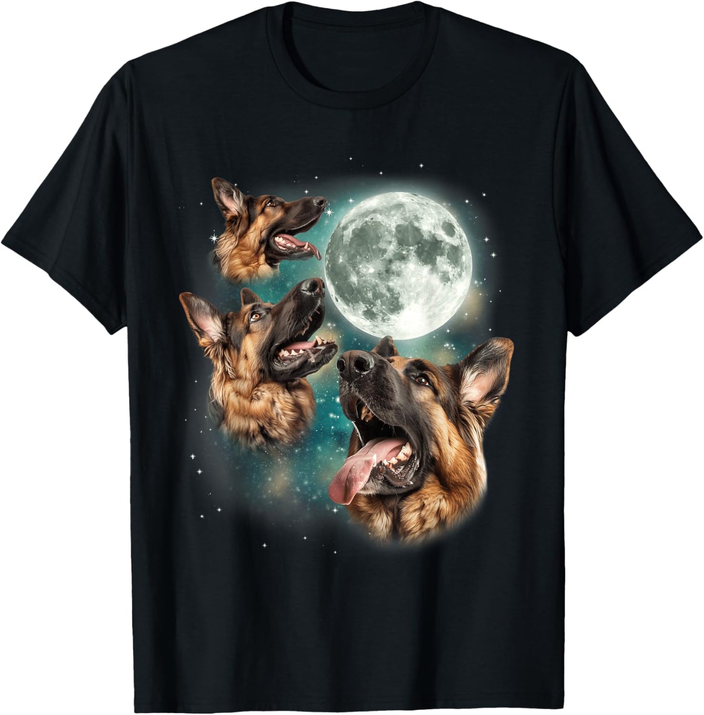 Three German Shepherd Moon | Funny Howling Dogs Canine Meme T-Shirt - T-Shirt | Black