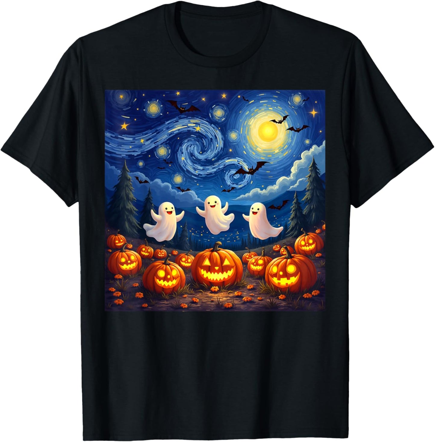boo ghost halloween pumpkin Starry Night Van Gogh men women T-Shirt - T-Shirt | Black
