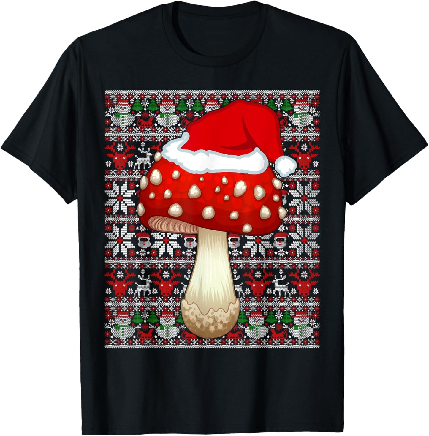 Santa Hat Ugly Christmas Sweater Mushroom Fruit Lovers T-Shirt - T-Shirt | Black