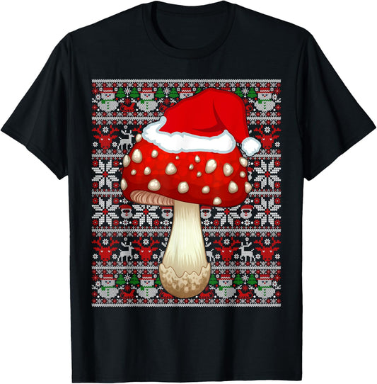 Santa Hat Ugly Christmas Sweater Mushroom Fruit Lovers T-Shirt - T-Shirt | Black
