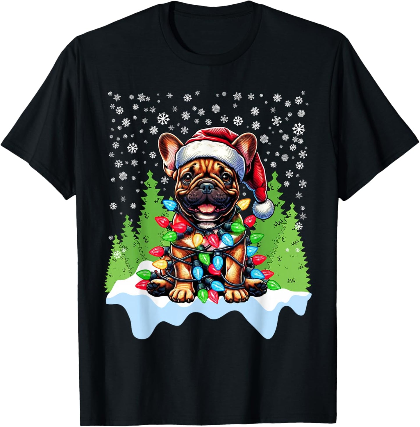 French Bulldog Christmas Santa Hat Lights Tree Snowflakes T-Shirt - T-Shirt | Black